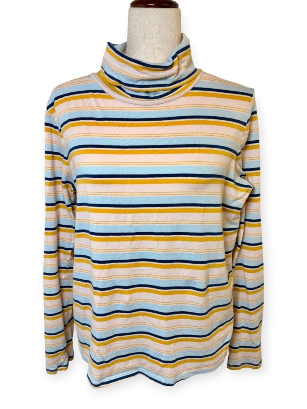 Toad&Co Maisey Pink Blue Yellow Striped Turtleneck Top Size Large